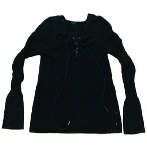 Free People Lace Up Sweater Womens Medium Black Cable Open Knit Boho Moto Goth‎
